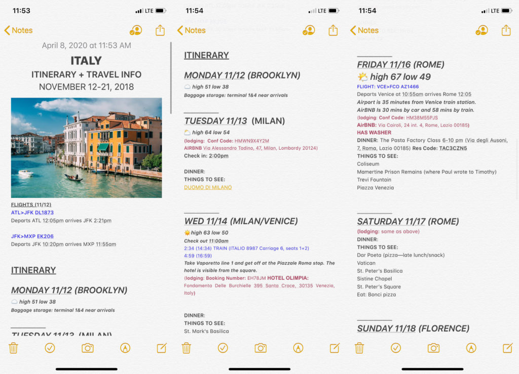 Travel Itinerary in notes app
